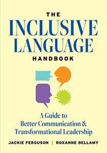 Book cover says Inclusive Language Handbook. It has a light yellow cover with blue words. 