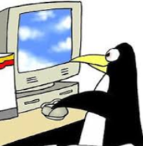 Cartoon picture of Lisa Nienkark's alter ego: penguin furiously clicking the computer mouse. 