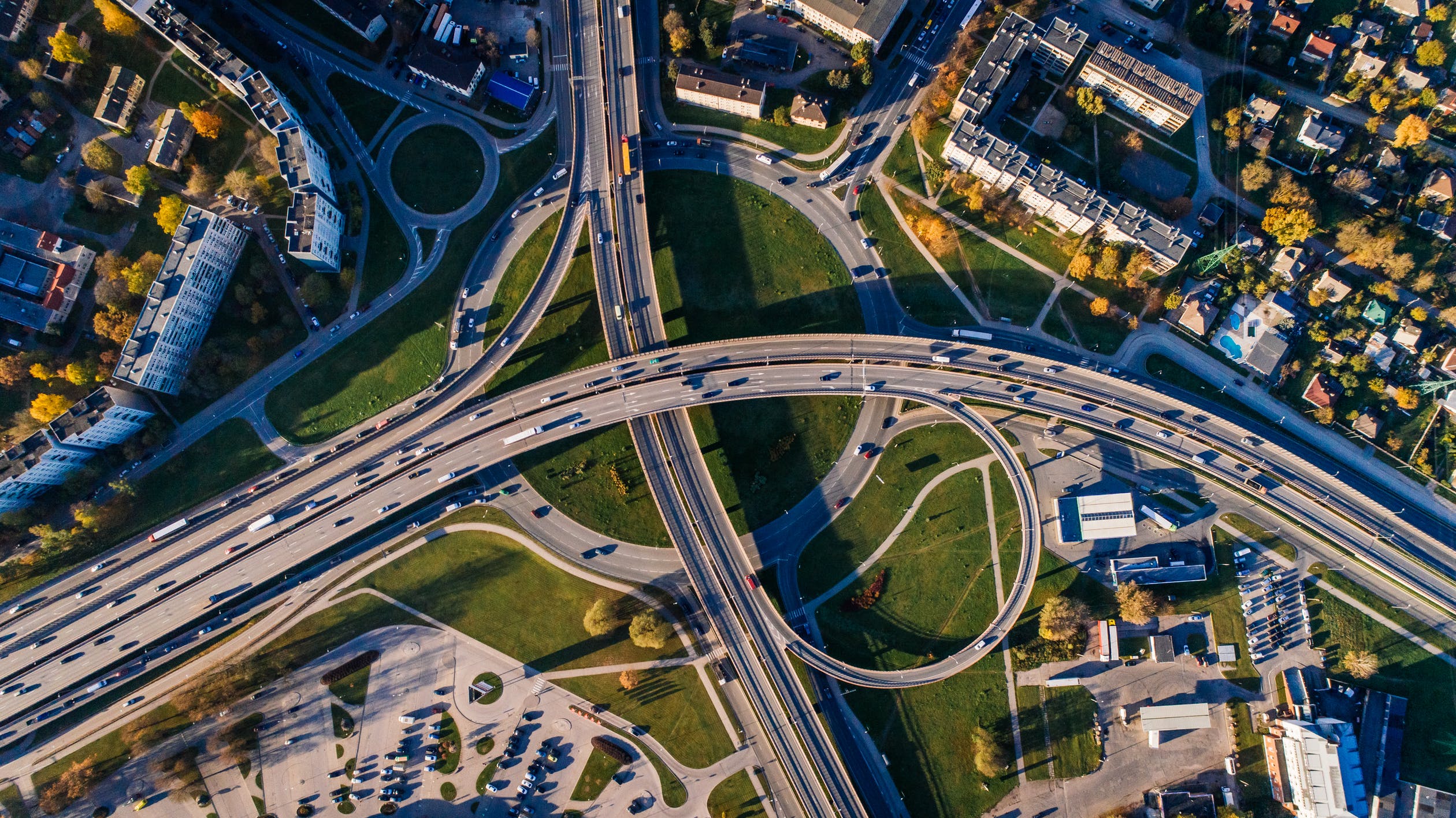 Arial veiw of connected highways and roundabouts