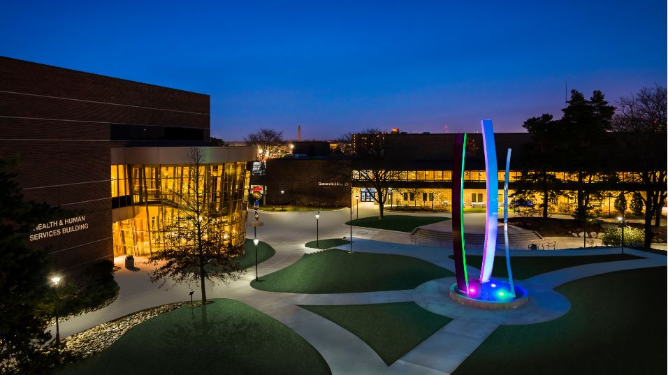 Lansing Community College, main campus nighttime exterior landscape,