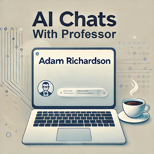 An open laptop sits next to a hot cup of coffee with a screen that reads Adam Richardson, below it is an icon of a male wearing glasses and a suit and tie. Text above reads AI Chats with Professor